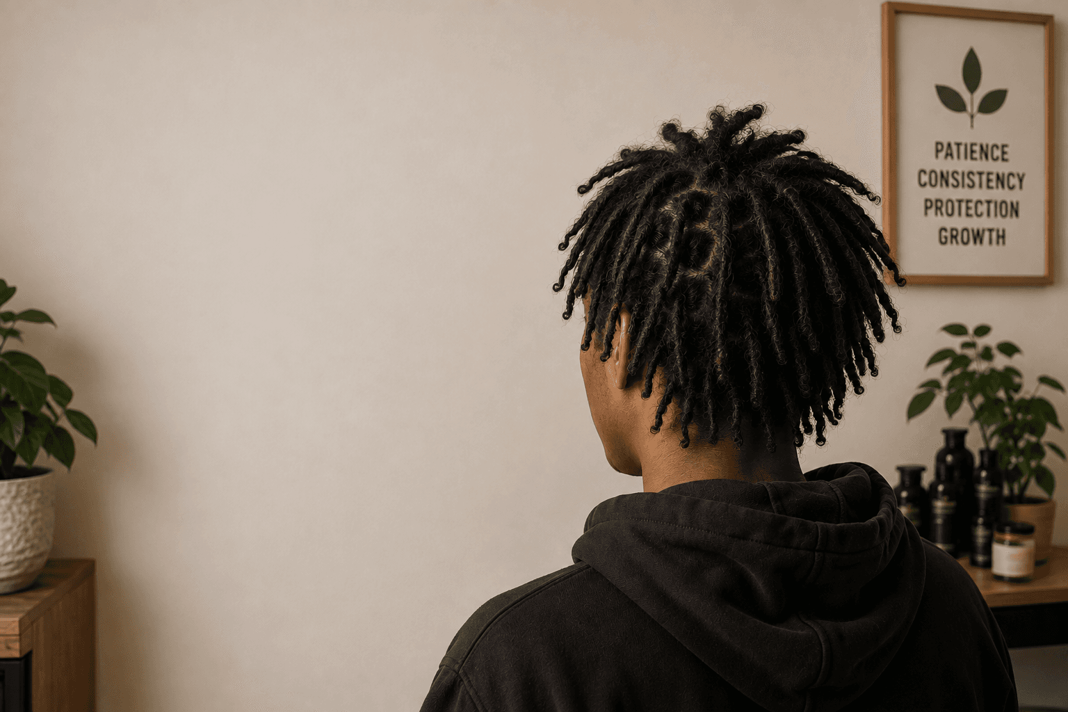 Person with starter locs viewed from behind