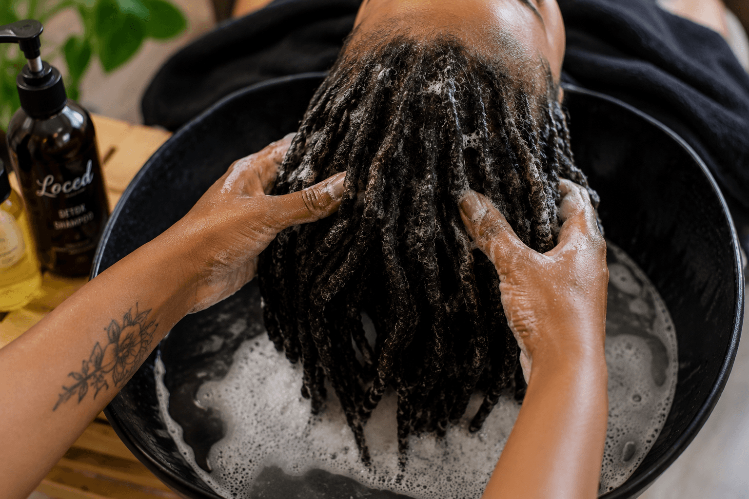 Person washing locs in a wash bowl